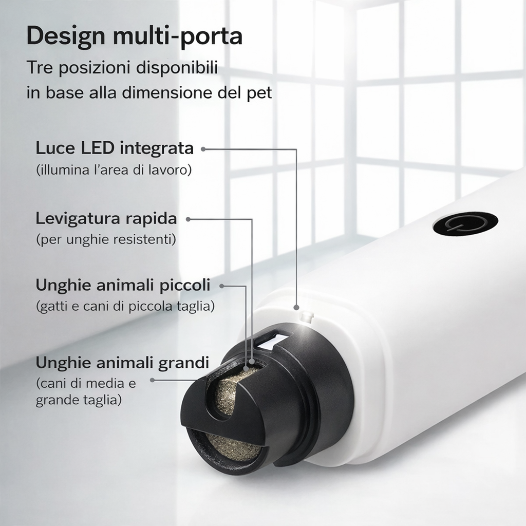 Lima Elettrica per Unghie di Cani e Gatti con Luce LED – Multi-Porta, Silenziosa